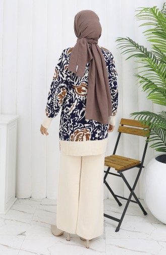 Ensemble Deux Pièces En Tricot Tunique Garnie Et Pantalon 1060-05 Bleu Marine 1060-05