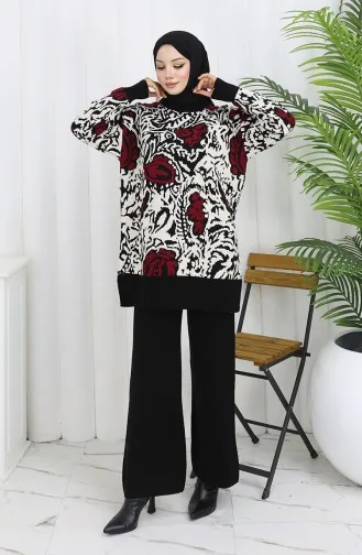 Knitwear Garnished Tunic Trousers Two Piece Suit 1060-06 Black Claret Red 1060-06