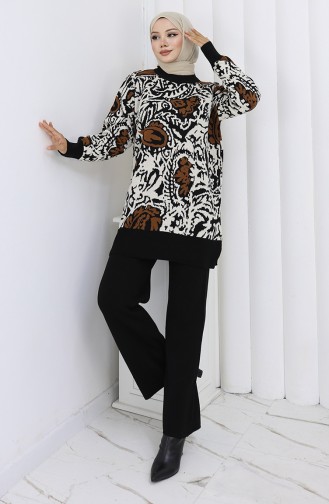 Ensemble Deux Pièces En Tricot Tunique Garnie Et Pantalon 1060-07 Noir Et Marron 1060-07