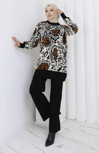 Knitwear Garnished Tunic Trousers Two Piece Suit 1060-07 Black Brown 1060-07