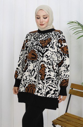 Ensemble Deux Pièces En Tricot Tunique Garnie Et Pantalon 1060-07 Noir Et Marron 1060-07