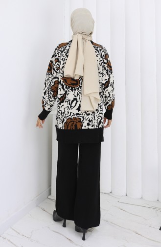Ensemble Deux Pièces En Tricot Tunique Garnie Et Pantalon 1060-07 Noir Et Marron 1060-07