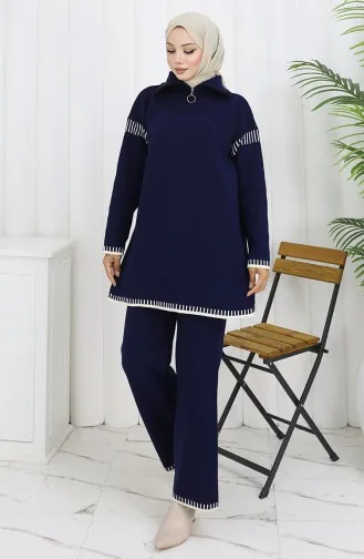 Knitwear Zipper Collar Tunic Trousers Two Piece Suit 1061-03 Navy Blue 1061-03