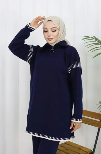 Knitwear Zipper Collar Tunic Trousers Two Piece Suit 1061-03 Navy Blue 1061-03
