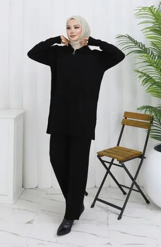 Triko Fermuarlı Çizgili Tunik Pantolon İkili Takım 1073-01 Siyah