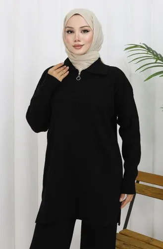 Triko Fermuarlı Çizgili Tunik Pantolon İkili Takım 1073-01 Siyah