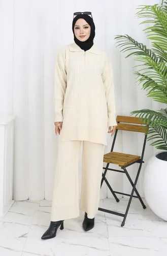 Triko Fermuarlı Çizgili Tunik Pantolon İkili Takım 1073-06 Bej