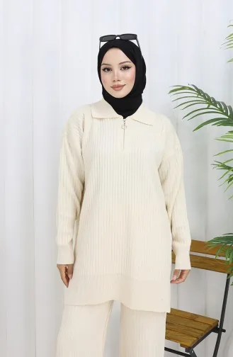 Triko Fermuarlı Çizgili Tunik Pantolon İkili Takım 1073-06 Bej