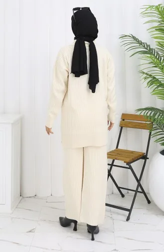 Triko Fermuarlı Çizgili Tunik Pantolon İkili Takım 1073-06 Bej