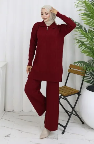 Ensemble Deux Pièces En Tricot Tunique à Rayures Zippées Et Pantalon 1073-07 Bordeaux 1073-07