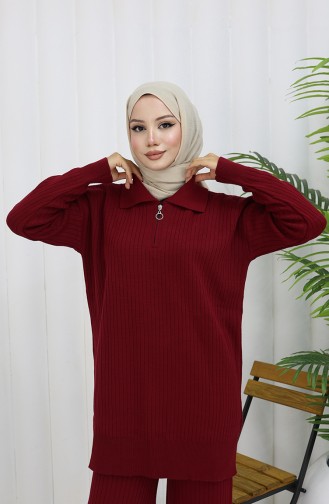 Triko Fermuarlı Çizgili Tunik Pantolon İkili Takım 1073-07 Bordo