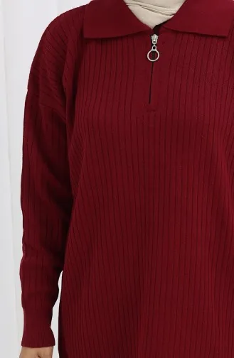 Ensemble Deux Pièces En Tricot Tunique à Rayures Zippées Et Pantalon 1073-07 Bordeaux 1073-07