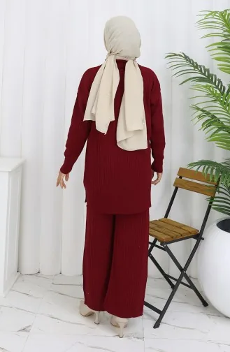 Ensemble Deux Pièces En Tricot Tunique à Rayures Zippées Et Pantalon 1073-07 Bordeaux 1073-07