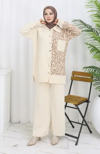 Triko Garnili Düğmeli Tunik Pantolon İkili Takım 1078-04 Bej