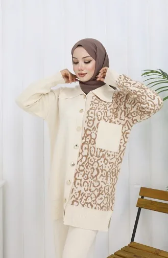 Triko Garnili Düğmeli Tunik Pantolon İkili Takım 1078-04 Bej