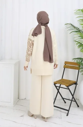 Triko Garnili Düğmeli Tunik Pantolon İkili Takım 1078-04 Bej