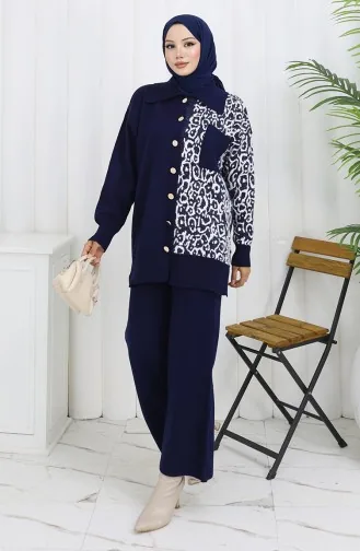 Gebreid Versierd Geknoopt Tuniek Broek Tweedelig Pak 1078-07 Marineblauw 1078-07