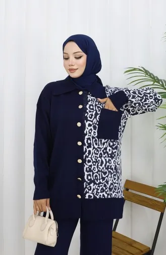 Gebreid Versierd Geknoopt Tuniek Broek Tweedelig Pak 1078-07 Marineblauw 1078-07