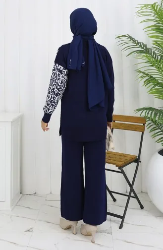 Gebreid Versierd Geknoopt Tuniek Broek Tweedelig Pak 1078-07 Marineblauw 1078-07