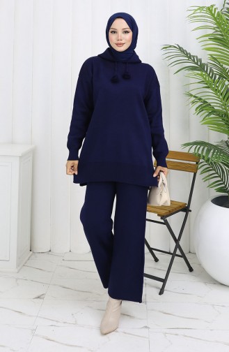 Knitwear Hooded Tunic Trousers Two Piece Suit 1079-02 Navy Blue 1079-02