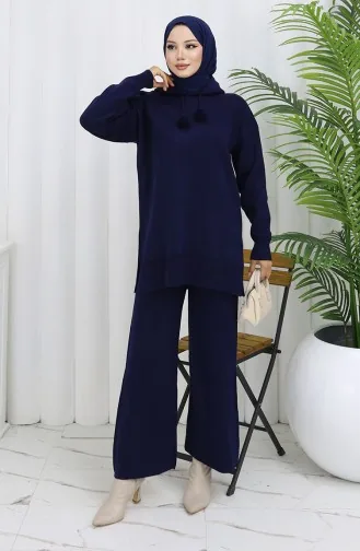 Knitwear Hooded Tunic Trousers Two Piece Suit 1079-02 Navy Blue 1079-02