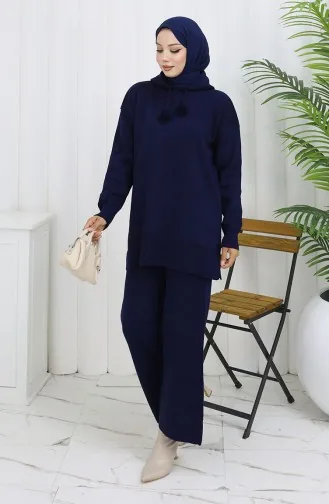 Knitwear Hooded Tunic Trousers Two Piece Suit 1079-02 Navy Blue 1079-02