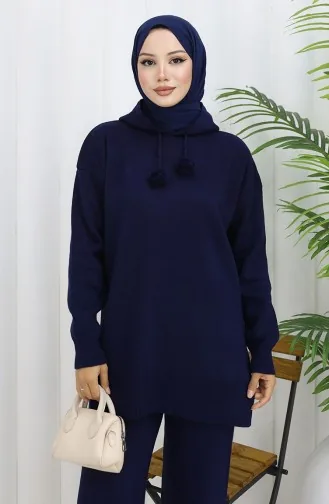 Knitwear Hooded Tunic Trousers Two Piece Suit 1079-02 Navy Blue 1079-02