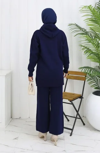 Knitwear Hooded Tunic Trousers Two Piece Suit 1079-02 Navy Blue 1079-02