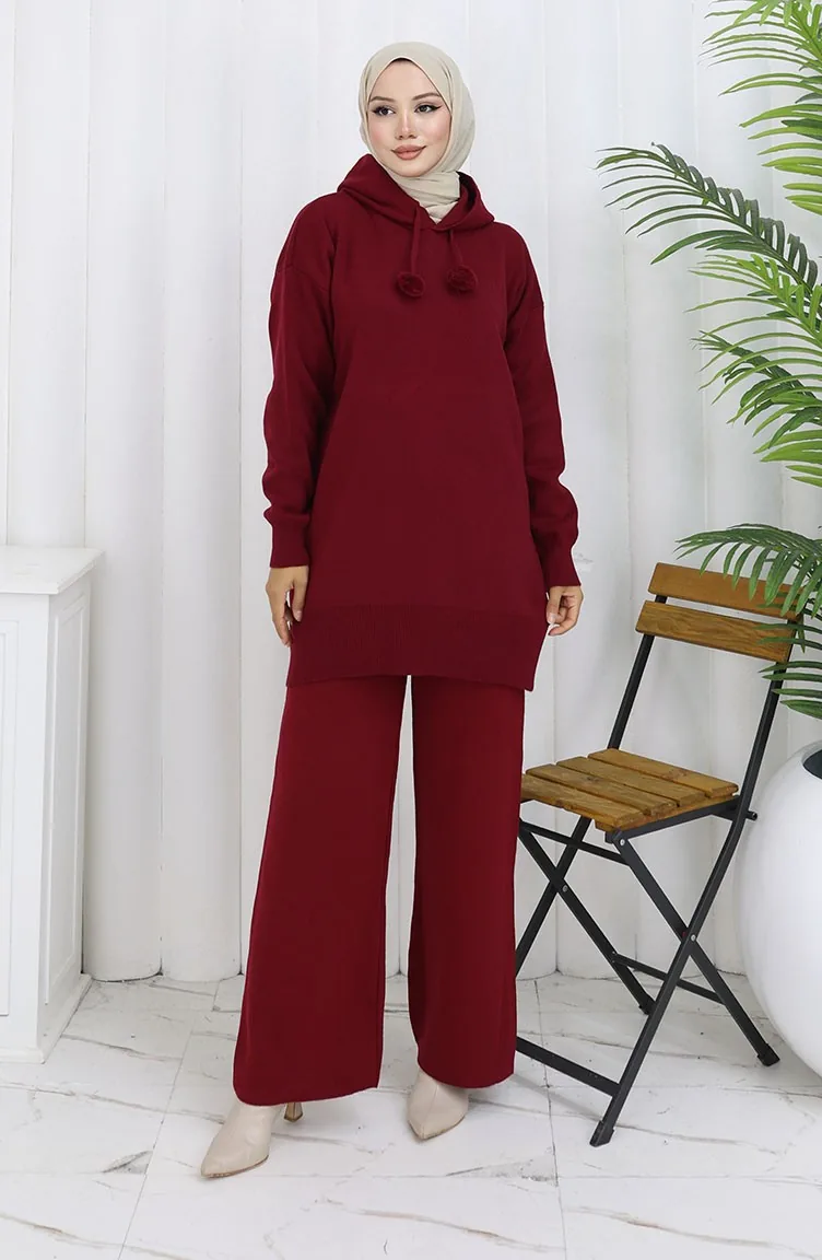 Triko Kapüşonlu Tunik Pantolon İkili Takım 1079-03 Bordo