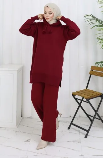 Triko Kapüşonlu Tunik Pantolon İkili Takım 1079-03 Bordo
