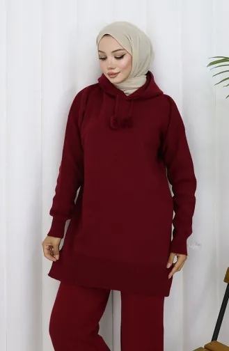 Triko Kapüşonlu Tunik Pantolon İkili Takım 1079-03 Bordo