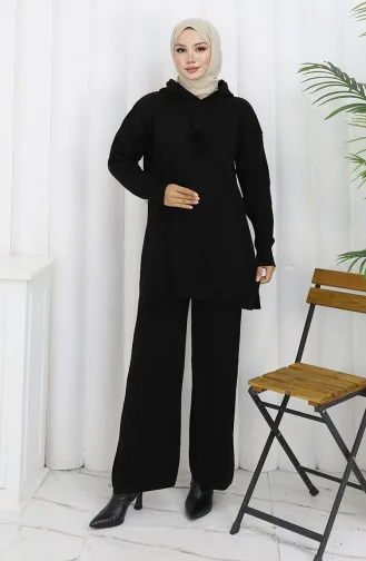 Triko Kapüşonlu Tunik Pantolon İkili Takım 1079-06 Siyah
