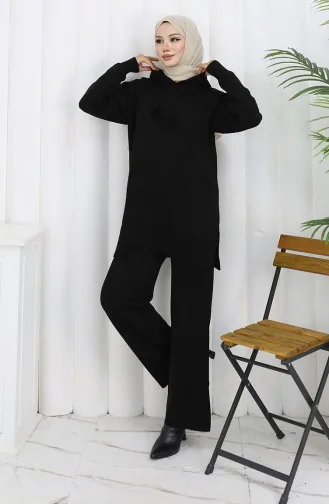 Triko Kapüşonlu Tunik Pantolon İkili Takım 1079-06 Siyah
