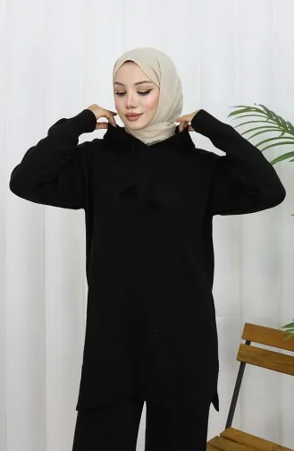 Triko Kapüşonlu Tunik Pantolon İkili Takım 1079-06 Siyah