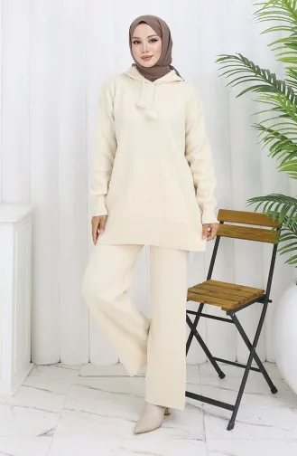 Triko Kapüşonlu Tunik Pantolon İkili Takım 1079-07 Bej