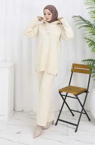 Triko Kapüşonlu Tunik Pantolon İkili Takım 1079-07 Bej