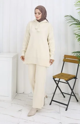 Triko Kapüşonlu Tunik Pantolon İkili Takım 1079-07 Bej