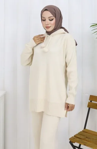 Triko Kapüşonlu Tunik Pantolon İkili Takım 1079-07 Bej