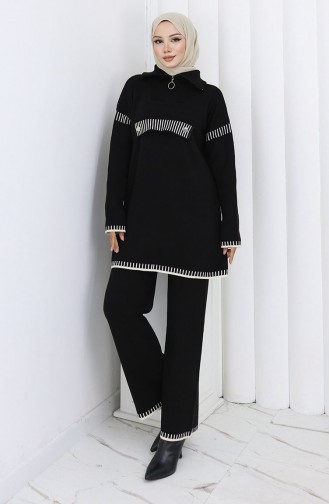 Knitwear Stand Collar Zippered Tunic Trousers Two Piece Suit 1105-01 Black 1105-01