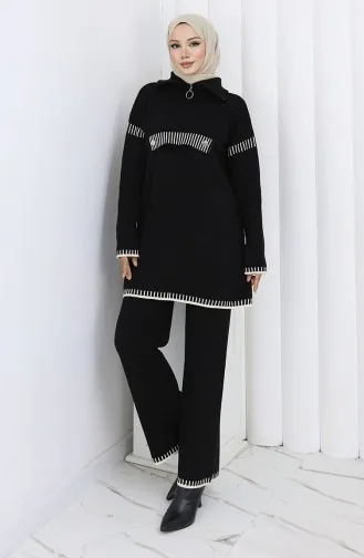 Gebreid Opstaand Kraag Tuniek Broek Tweedelig Pak 1105-01 Zwart 1105-01