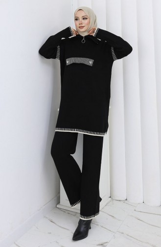 Knitwear Stand Collar Zippered Tunic Trousers Two Piece Suit 1105-01 Black 1105-01