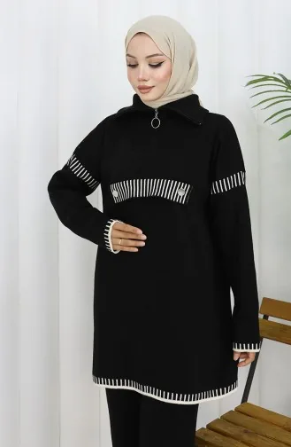 Gebreid Opstaand Kraag Tuniek Broek Tweedelig Pak 1105-01 Zwart 1105-01