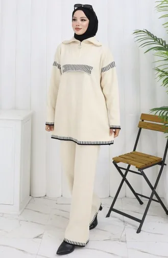 Gebreid Opstaand Kraag Tuniek Broek Tweedelig Pak 1105-03 Beige 1105-03
