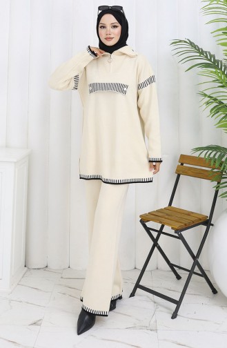 Knitwear Stand Collar Zippered Tunic Trousers Two Piece Suit 1105-03 Beige 1105-03