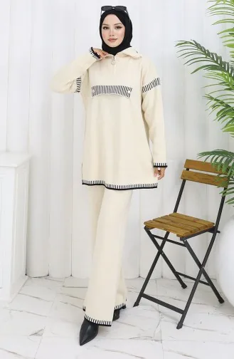 Gebreid Opstaand Kraag Tuniek Broek Tweedelig Pak 1105-03 Beige 1105-03