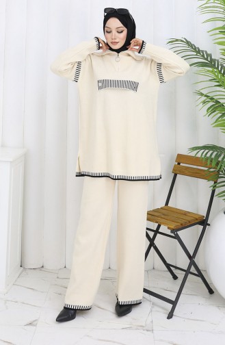 Knitwear Stand Collar Zippered Tunic Trousers Two Piece Suit 1105-03 Beige 1105-03
