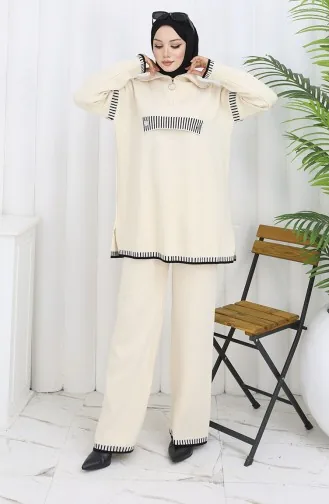 Gebreid Opstaand Kraag Tuniek Broek Tweedelig Pak 1105-03 Beige 1105-03