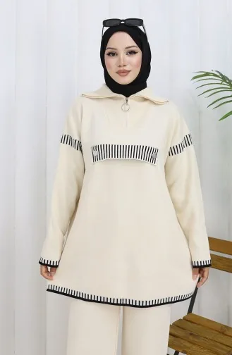 Gebreid Opstaand Kraag Tuniek Broek Tweedelig Pak 1105-03 Beige 1105-03