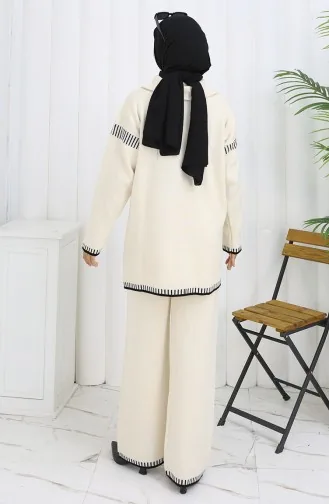 Gebreid Opstaand Kraag Tuniek Broek Tweedelig Pak 1105-03 Beige 1105-03