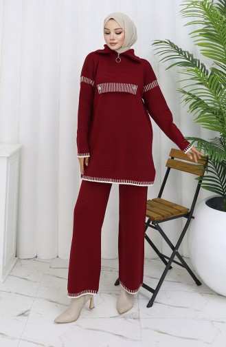 Knitwear Stand Collar Zippered Tunic Trousers Two Piece Suit 1105-06 Claret Red 1105-06
